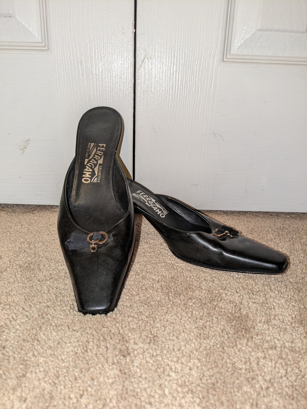 Salvatore Ferragamo Black Leather Slide Mules